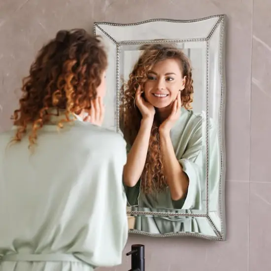 Head West Champagne Silver 24" x 36" Beaded Glass Scalloped Beveled Accent Vanity Mirror {3}