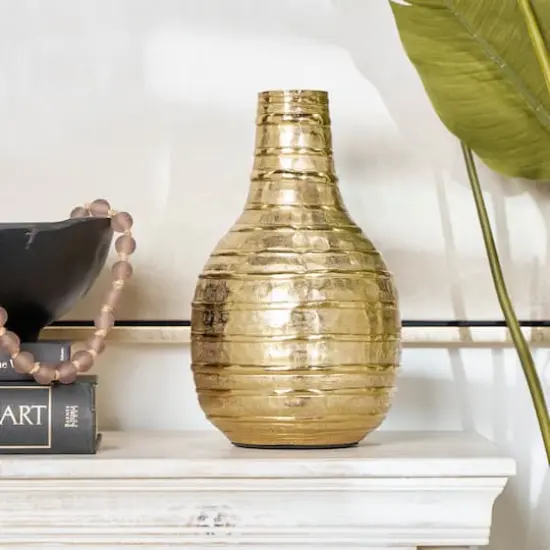 13" Gold Metal Snakeskin Inspired Vase with Dimensional Linear Accents {9}