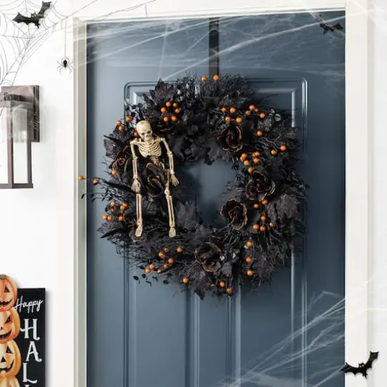 Glitzhome&reg; 24"D Halloween Black Rose, Skeleton and Berry Wreath with Hanger {3}