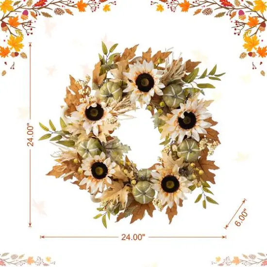 Glitzhome&reg; 24" Fall Neutral Sunflower, Pumpkin and Leaf Wreath {9}