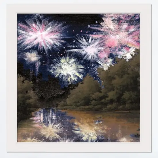 Fireworks Over The Trees White Framed Print Under Plexiglass {1}