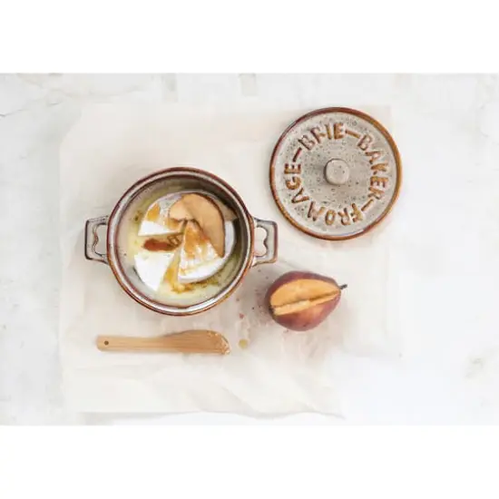 Hello Honey&reg; 9.1" Reactive Glaze Design Stoneware Brie Baker with Bamboo Canap&eacute; Spreader Knife {3}