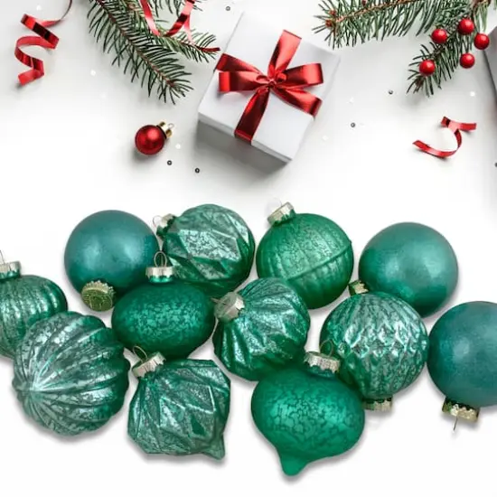 12ct. 3" Glitter & Matte Green Finial & Glass Ball Christmas Ornaments {5}