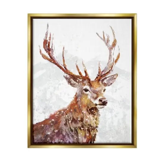 Stupell Industries Winter Deer Mountain Snowfall Framed Floater Canvas Wall Art Gold {1}