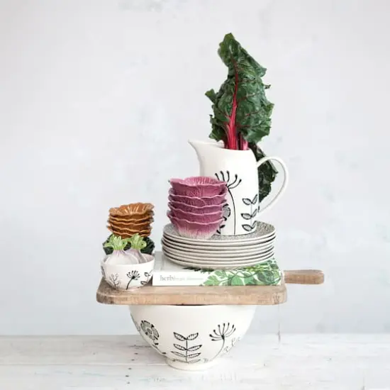 Hello Honey® 12" Cream & Black Embossed Flowers Hand-Painted Stoneware Serving Bowl {4}