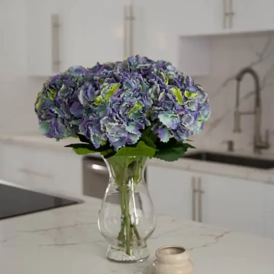 20" Blue Artificial Hydrangea Arrangement in Glass Vase {4}