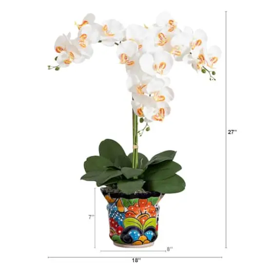 2.25ft. Artificial Triple Orchid Arrangement in Handmade Mexican Talavera Ceramic Planter {8}