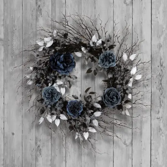 24" Halloween Moody Blue Rose & Twig Wreath {3}