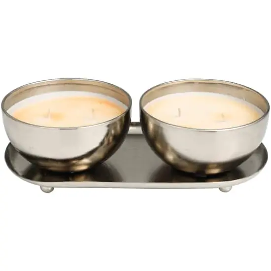 Jasmine Scented 2-Wick Candles in Silver Bowls Set  {1}