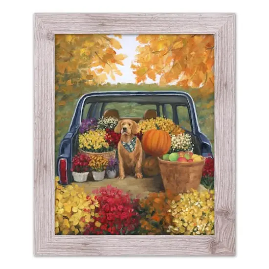 Fall Floral Dog Truck Western White Framed Print {1}