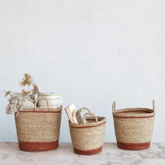 Hello Honey® Natural & Brown Striped Woven Seagrass Handled Nesting Basket Set {4}