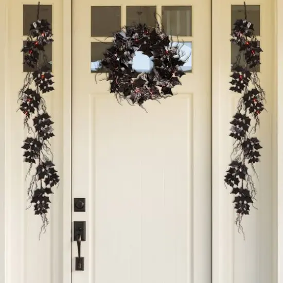 Glitzhome&reg; Lighted Halloween Bat Garland & Wreath Set {3}