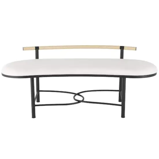 60.25" White Fabric Abstract Upholstered Oval Home Bench with Black Metal Frame & Rope Rod Backrest {1}