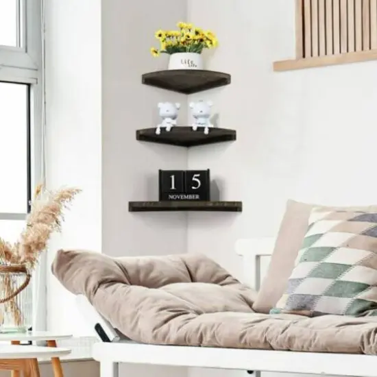 Brown Rustic Floating Corner Wall Shelf Set {6}