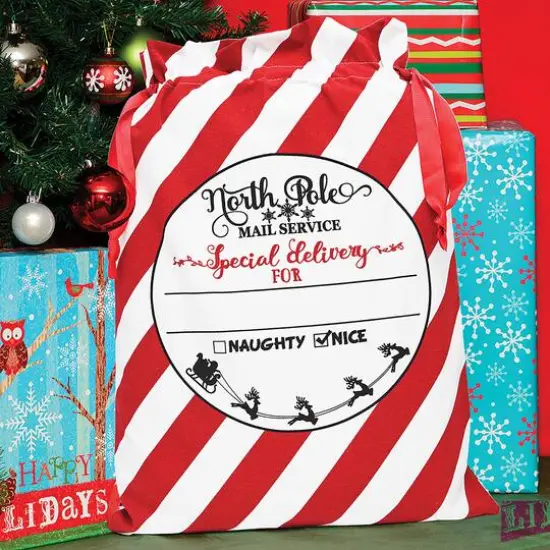 Personality Case&trade; 17" x 26" Red & White Stripe Cotton Christmas Drawstring Bag {3}