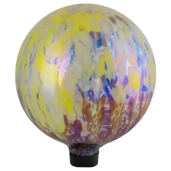 10" Yellow and Blue Iridescent Reflective Glass Garden Gazing Ball {5}