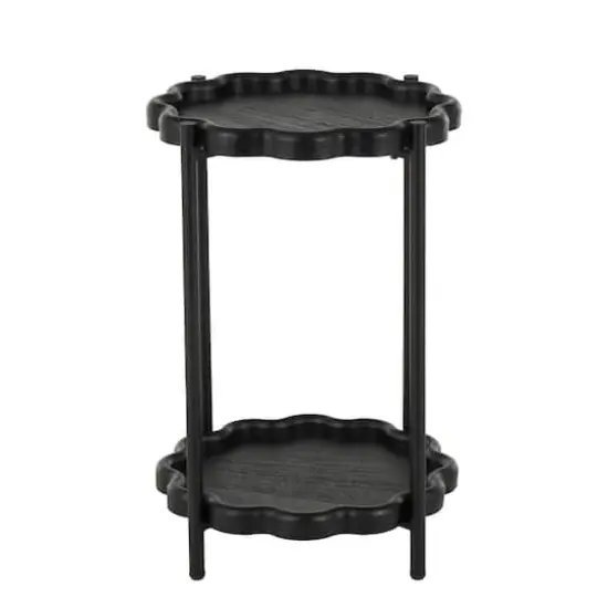 23.75" Black Wood Floral Inspired 2-Level Side End Accent Table with Metal Legs {4}