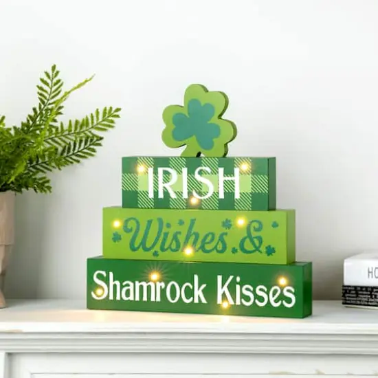 Glitzhome&reg; 11.5'' Lighted St. Patrick's Wooden Block Table Sign {3}