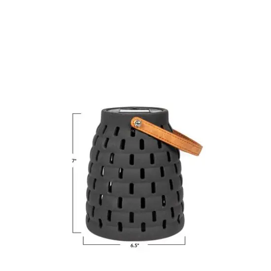Hello Honey&reg; 7" Black & Brown Stoneware Rechargeable LED Solar Powered Waterproof Lantern {4}