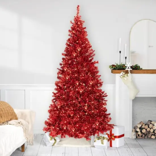 7ft. Pre-Lit Red Artificial Tinsel Christmas Tree, Clear Lights {3}