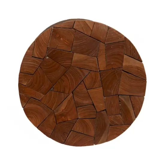 16.5" Round Block-Style Brown Teak Wood Mosaic Side Table {3}
