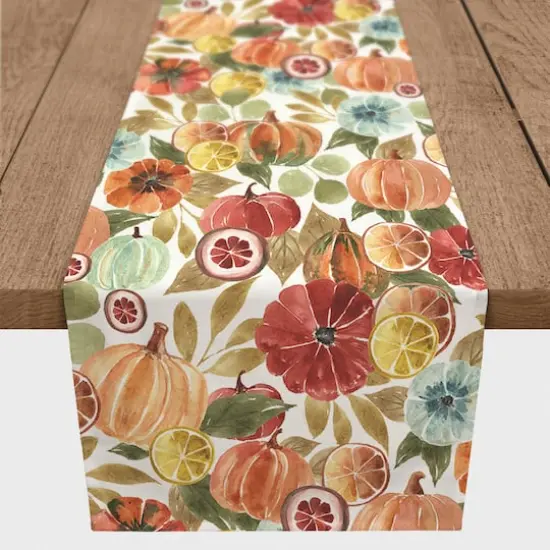 90" Harvest Watercolor Pumpkins Table Runner {1}