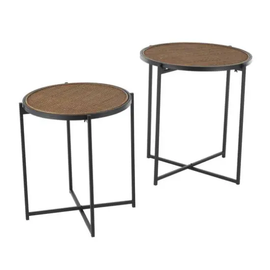 Black Metal & Woven Rattan Accent Table Set {9}