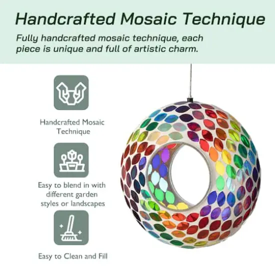 Glitzhome&reg; 8" Multicolor Mosaic Glass Round Hanging Bird Feeder {5}