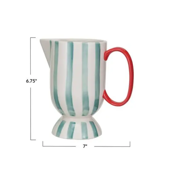 Hello Honey&reg; 1qt. Red, Aqua & Cream Hand-Painted Stoneware Footed Pitcher with Stripes {4}