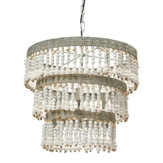 Hello Honey&reg; 20.5" Antique White 3-Tier Wood Bead Chandelier {1}