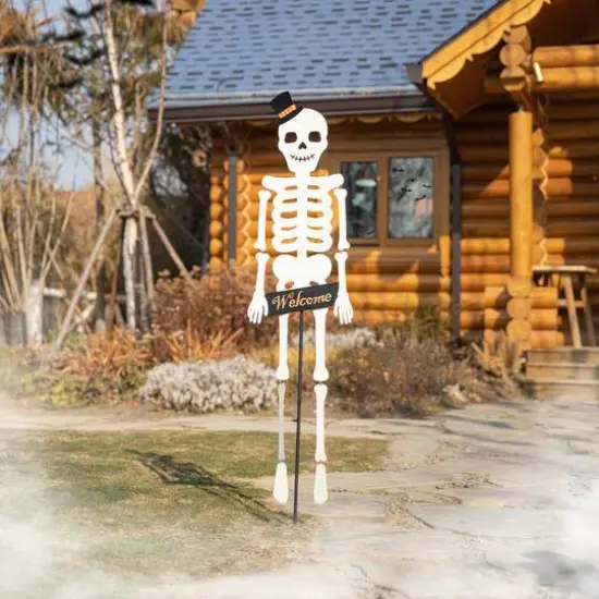Glitzhome&reg; 60" Halloween "WELCOME" Metal Dangling Skeleton Yard Stake {5}