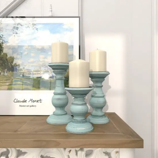 Mango Wood Traditional Candle Holder Set Light Blue {8}