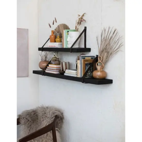 Hello Honey&reg; 29.5" Black Mango Wood & Leather Straps Wall Shelf {3}