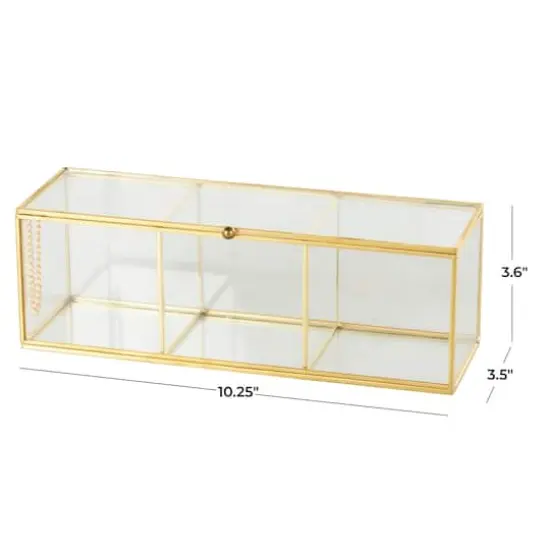 10" x 4" x 4" Clear & Gold 3-Slot Glass & Metal Slim Rectangular Jewelry Box with Chain Accent {5}