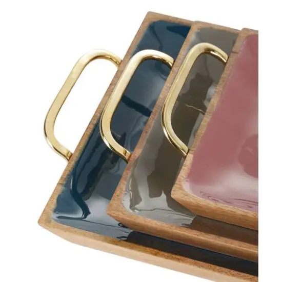 Multicolor Enamel Wood Contemporary Tray Set {6}