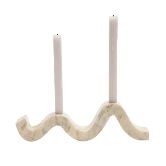 Hello Honey&reg; 14.5" Beige Modern Marble and Brass Wave Double Taper Holder {3}
