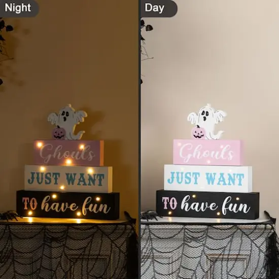 Glitzhome® 11.75"H Halloween Lighted Pink Wooden Ghost Block Word Sign {5}