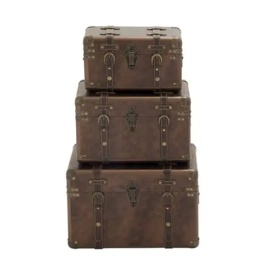 Set of 3" Brown Leather Traditional Trunk, 18", 16", 13" {1}
