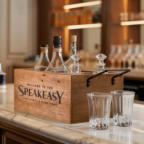 American Art Decor The Speakeasy Wood Crate Bottle Holder with Metal Handles - 7" x 14" x 8" {3}