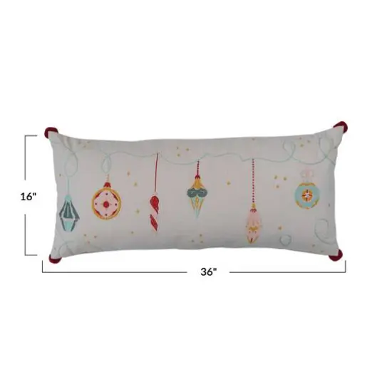 Hello Honey® 36" Multicolor Embroidered Ornaments & Pom Poms Cotton Slub Lumbar Pillow {5}