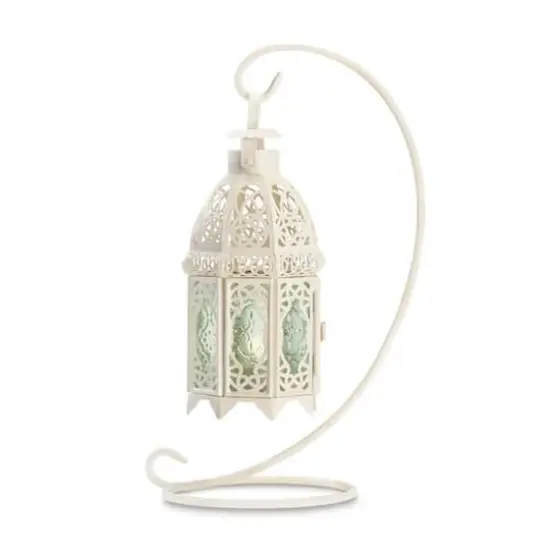 13" White Ornate Candle Lantern with Stand {1}