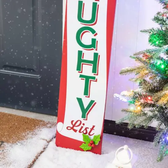 Glitzhome&reg; 3.5ft. Double-Sided Wooden Naughty & Nice List Porch Sign {6}