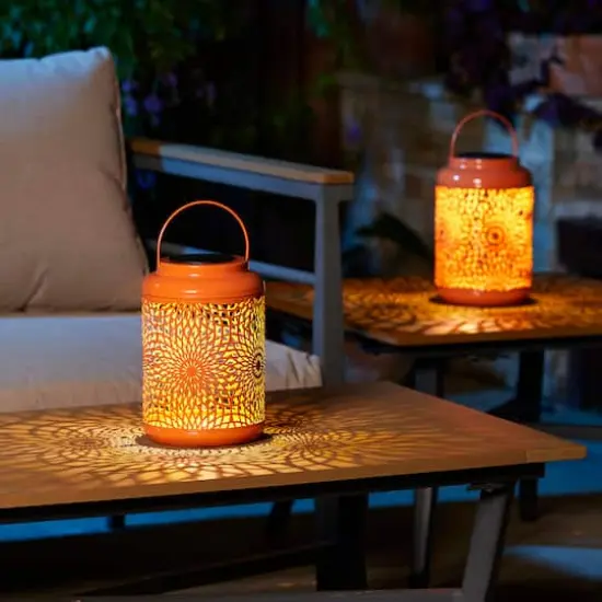 Glitzhome&reg; 8.75" Metal Cutout Solar Powered Hanging Lantern Set Orange {3}