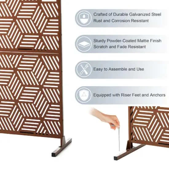 Glitzhome&reg; 6ft. Brown Galvanized Steel Geometric Pattern Privacy Screen Fence Panel & Room Divider {4}