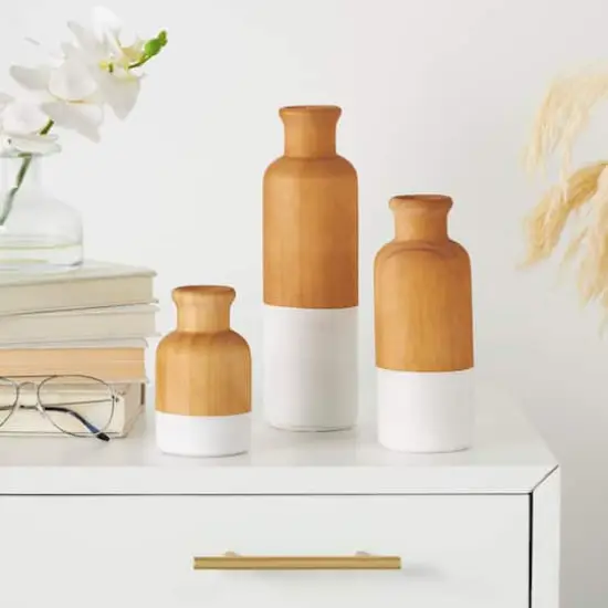 Brown Wood Colorblock Vase with White Bases Set {3}