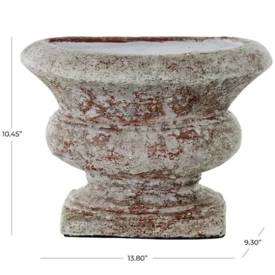 10.5" Brown Ceramic Antique Style Textured Wide Vase with Copper Accents {8}