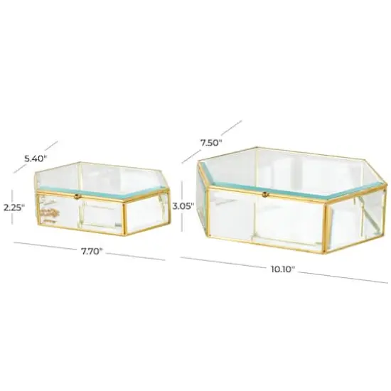 Clear & Gold Beveled Glass & Metal Wide Hexagon Jewelry Box with Chain Accent Set {5}