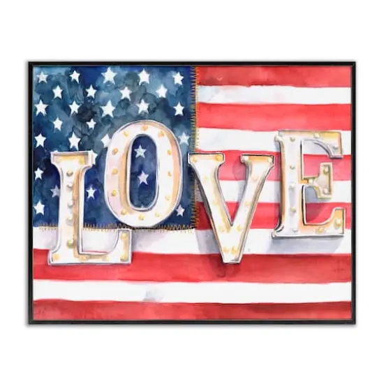 Stupell Industries Vintage Love Text Over Stitched American Flag Framed Giclee Art Black {1}