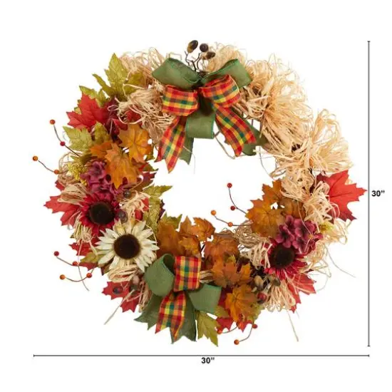 30" Harvest Autumn Sunflower, Maple Leaves & Berries Fall Wreath {4}