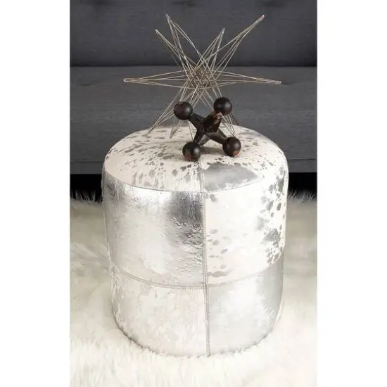 17" Silver & White Leather & Wood Glam Ottoman {6}